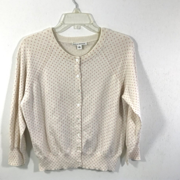 Banana Republic Silk Blend Cardigan L White Pink Polka Dots - Picture 2 of 8